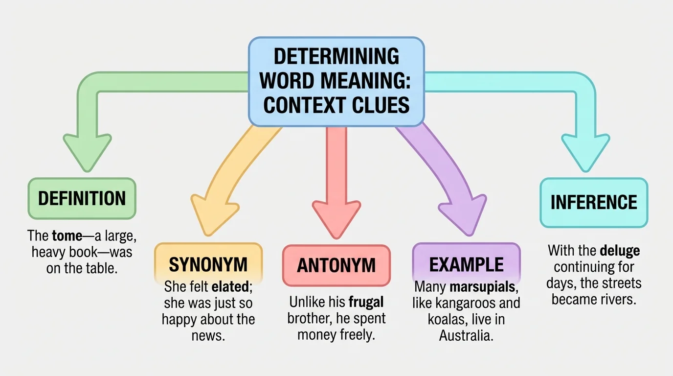 Flowchart of context clues—definition, synonym, antonym, example, inference—with one short sample phrase under each branch
