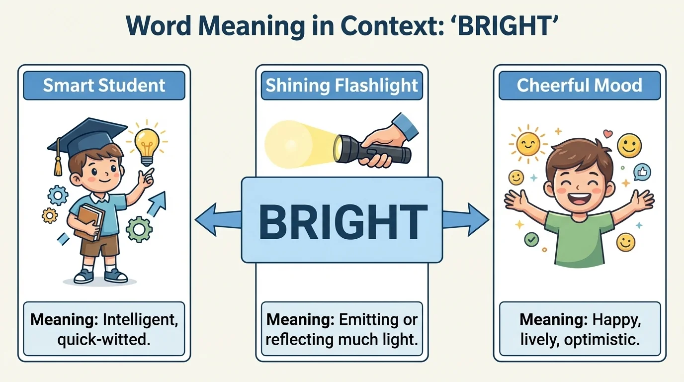 Chart showing the word "bright" in three contexts—smart student, shining flashlight, cheerful mood—with short labels for each meaning