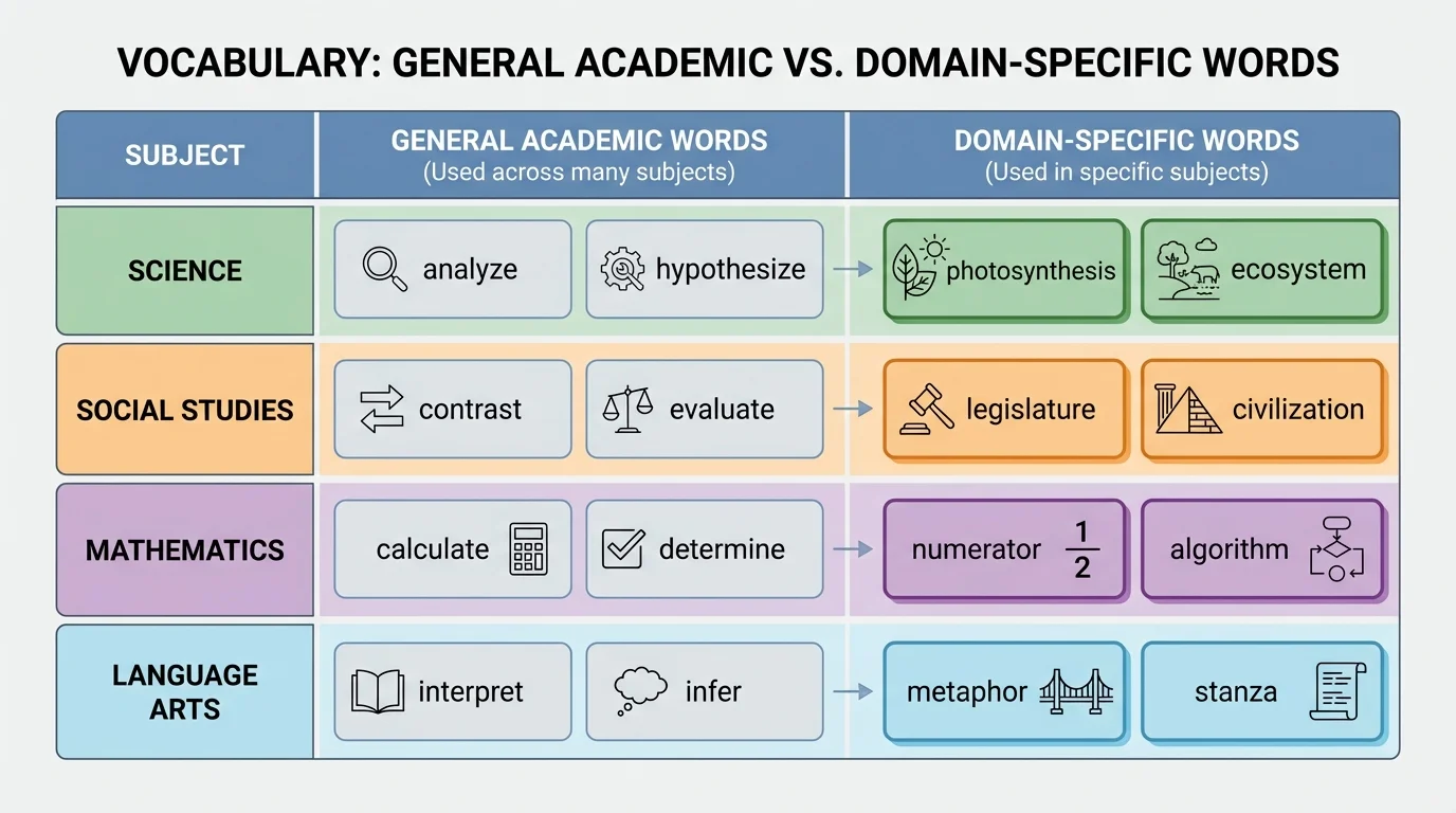 chart comparing general academic words like analyze and contrast with domain-specific words like photosynthesis, legislature, and numerator by subject