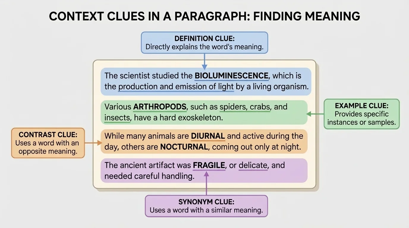 diagram of a paragraph with highlighted definition clue, example clue, contrast clue, and synonym clue in different colors
