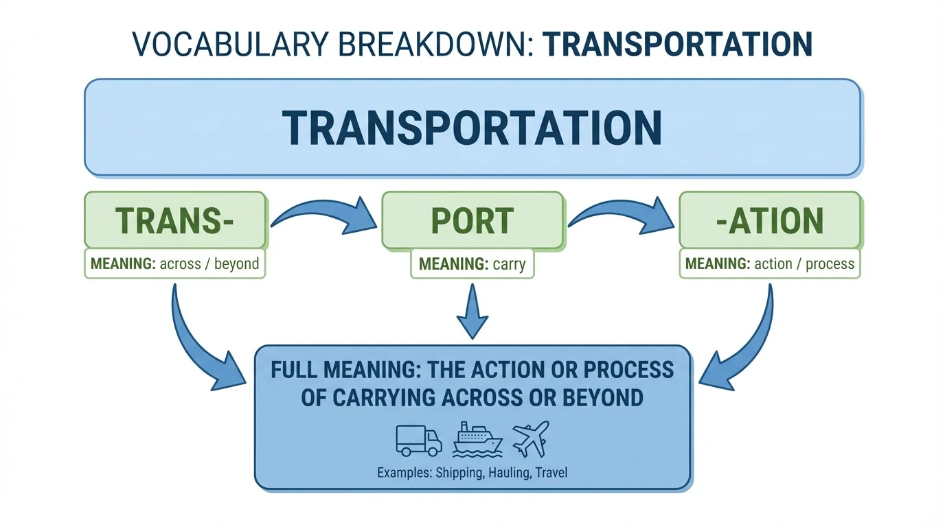 diagram showing the word transportation split into trans, port, and ation with short meaning labels and arrows to the full meaning