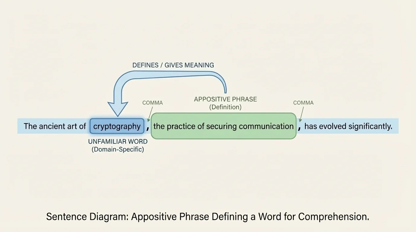 diagram of a sentence with commas around an appositive defining an unfamiliar word, plus arrows showing how the structure gives the meaning