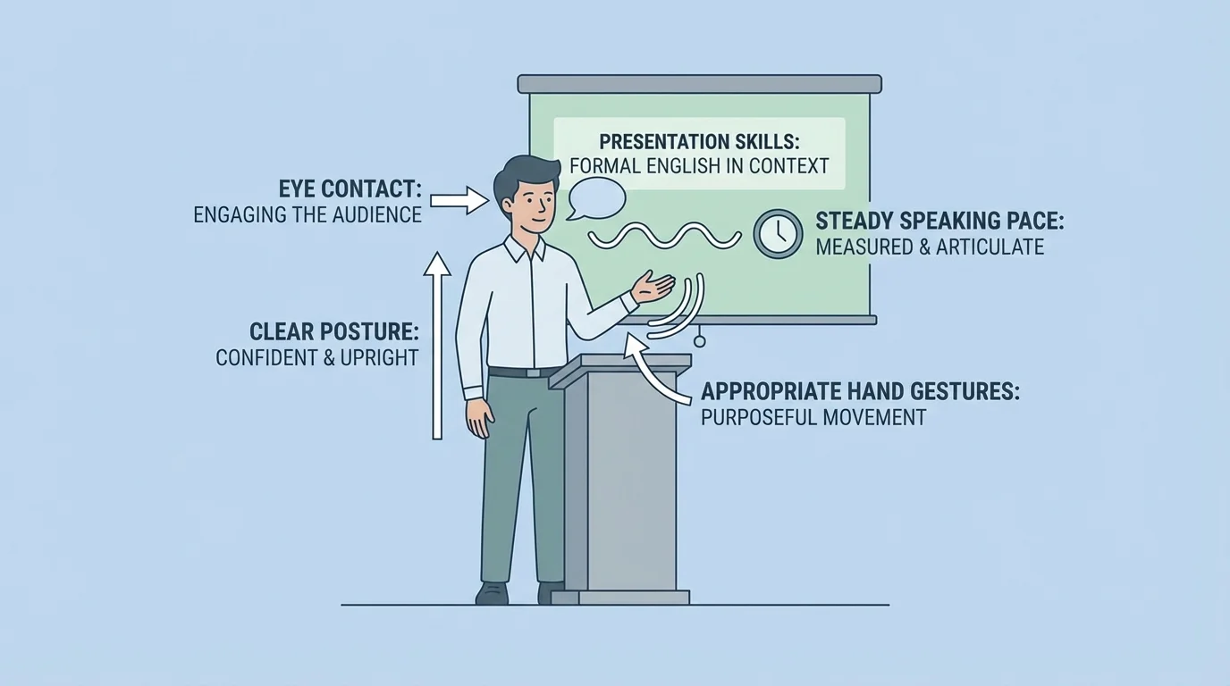 illustration of a student presenting with labels for eye contact, clear posture, appropriate hand gestures, and steady speaking pace