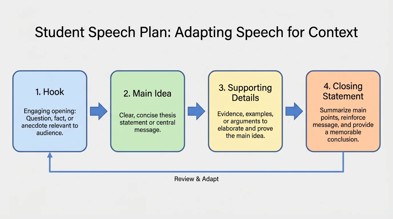 flowchart showing a student speech plan with hook, main idea, supporting details, and closing statement