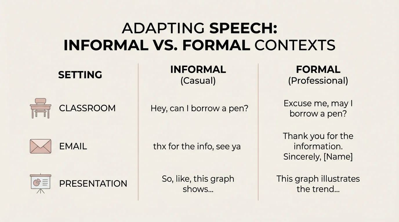 chart comparing informal and formal ways to say the same message in classroom, email, and presentation settings