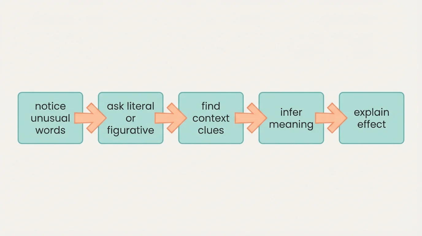 flowchart with boxes labeled notice unusual words, ask literal or figurative, find context clues, infer meaning, explain effect