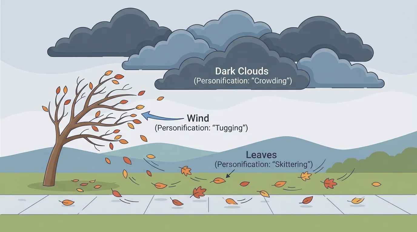 dark clouds crowding the sky, wind tugging tree branches, and leaves skittering across a sidewalk to support personification analysis