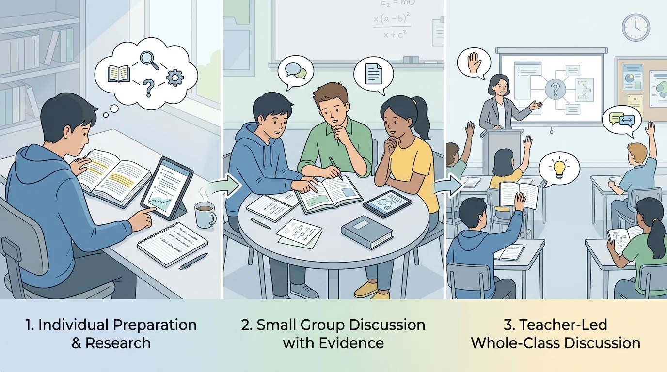 Three-panel illustration showing two students discussing notes, a small group around a table, and a teacher-led whole-class discussion with raised hands