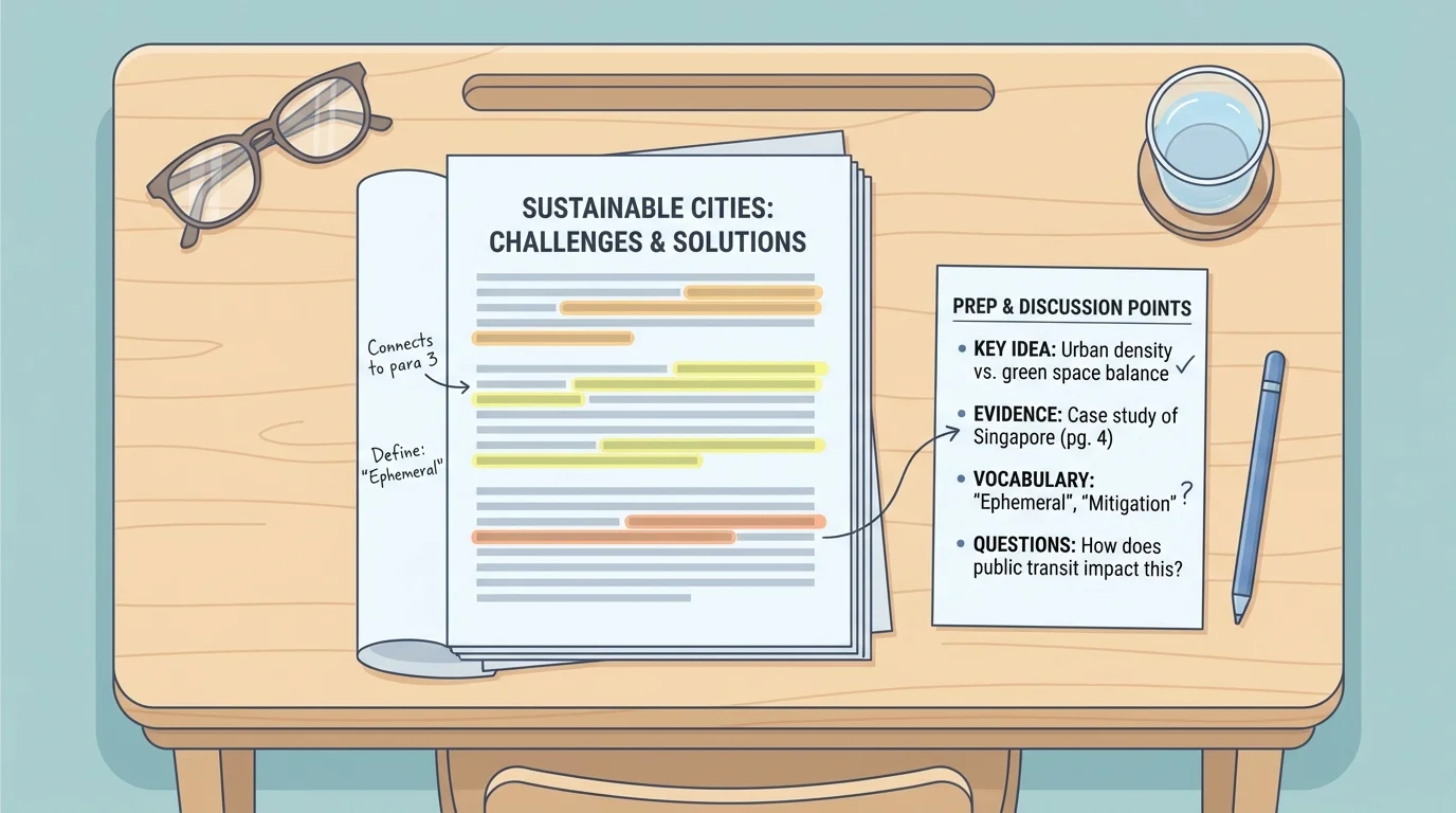 Student desk with article, highlighted notes, margin annotations, and a short question list labeled key idea, evidence, vocabulary, and question