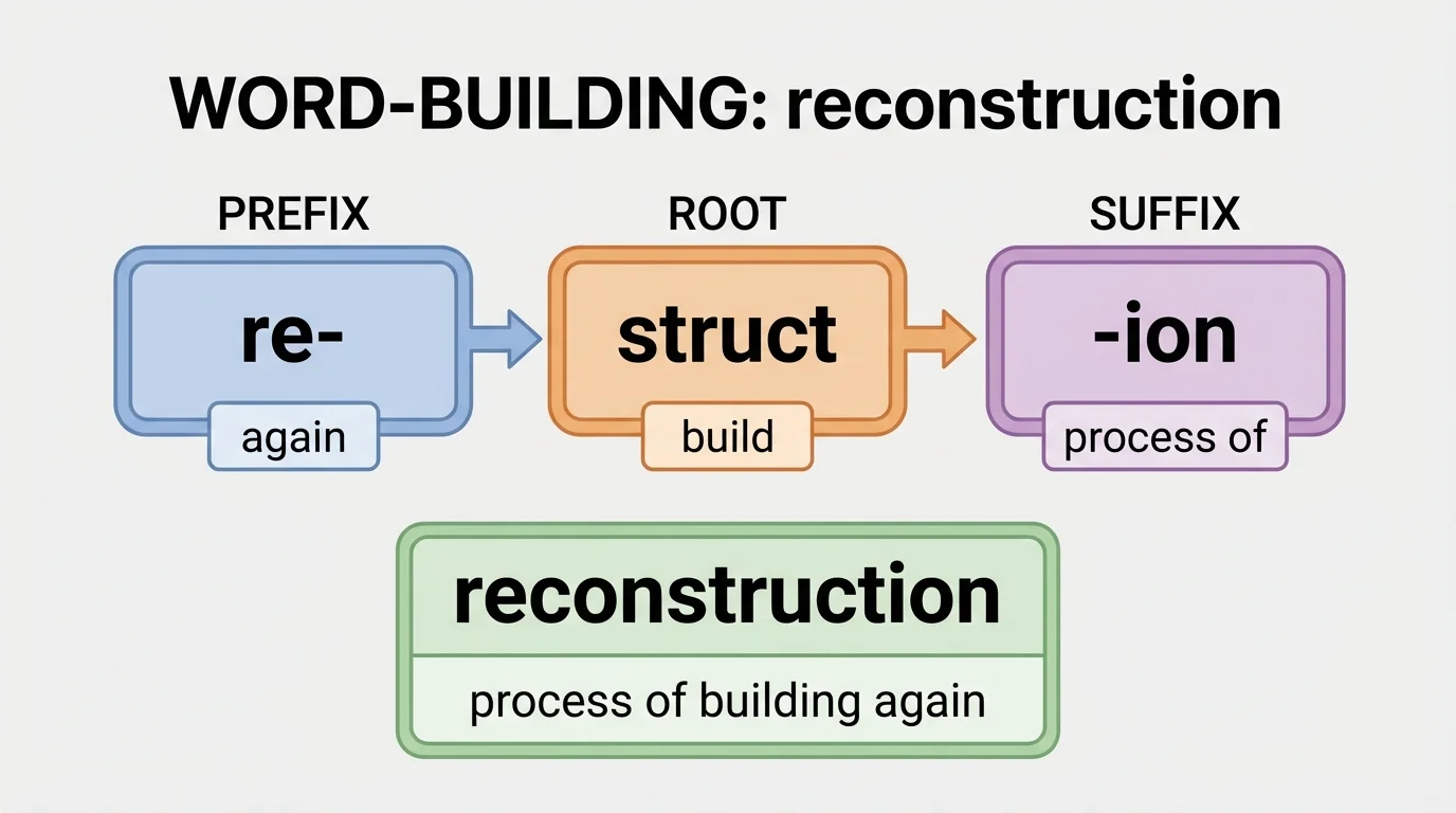 labeled word-building diagram showing the word reconstruct or reconstruction split into prefix re-, root struct, and suffix components, with short meaning labels like again and build