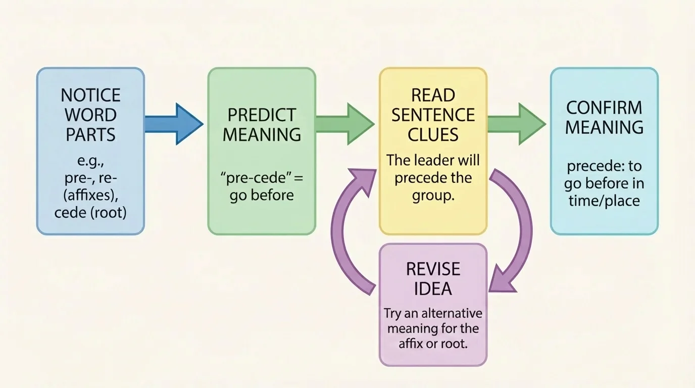 reading strategy flowchart with boxes labeled notice word parts, predict meaning, read sentence clues, revise idea, confirm meaning