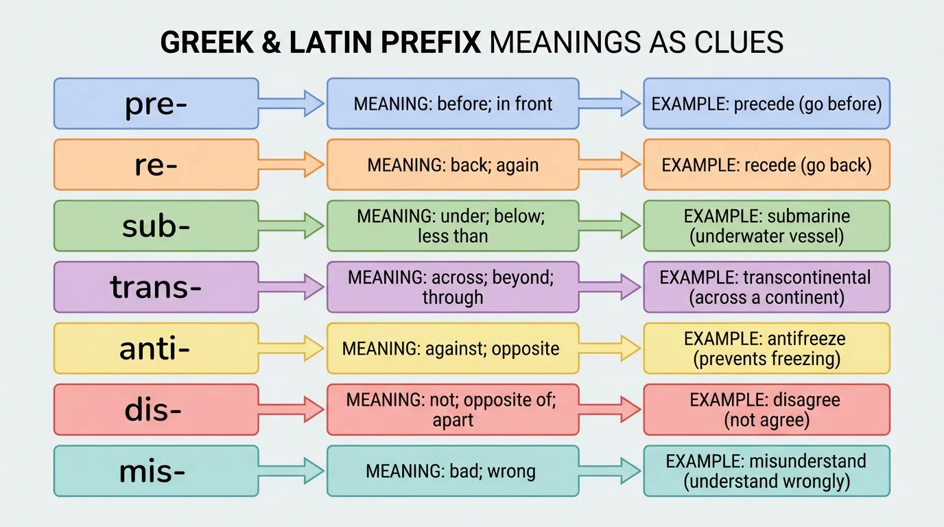 prefix meaning chart with concise labels for pre-, re-, sub-, trans-, anti-, dis-, and mis-, each linked by arrows to one example word