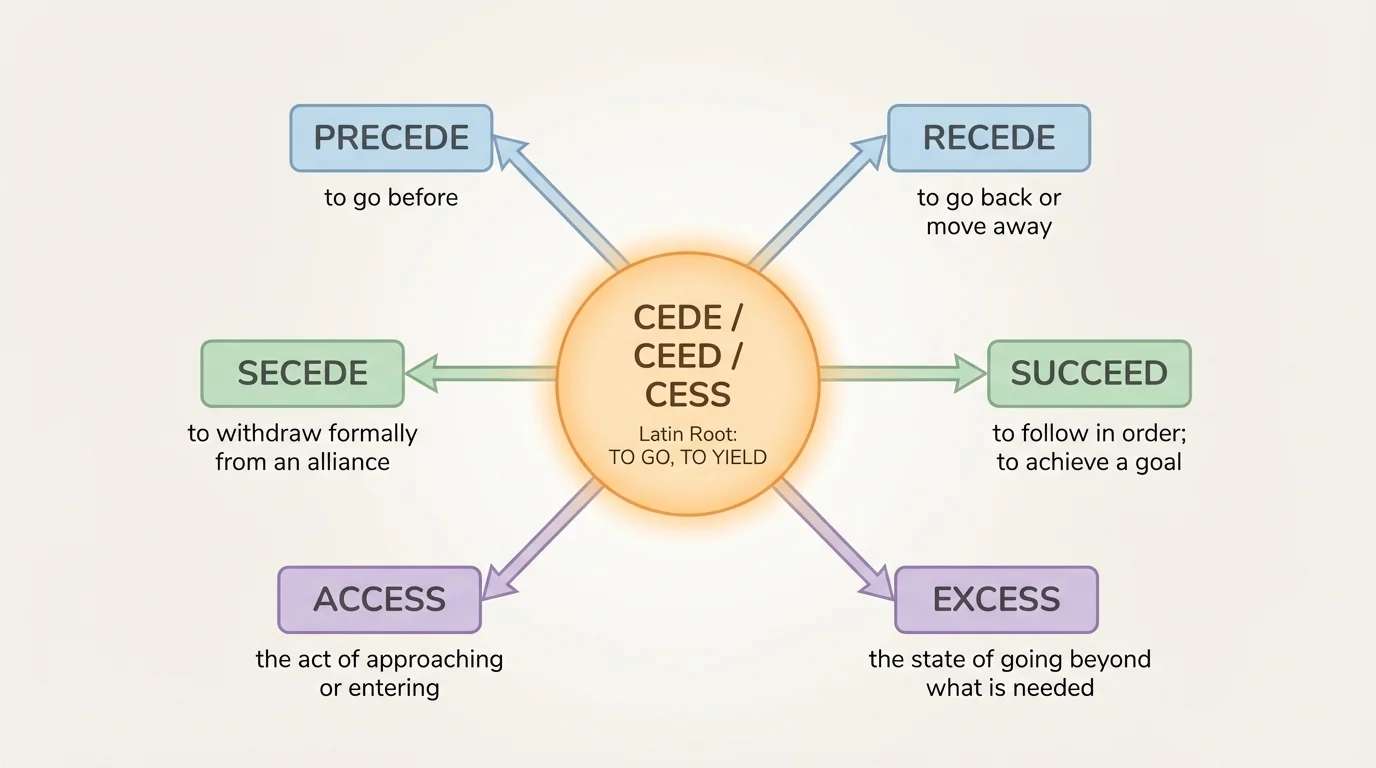 word family web centered on cede/ceed/cess with branches to precede, recede, secede, succeed, access, and excess, each with a short meaning label