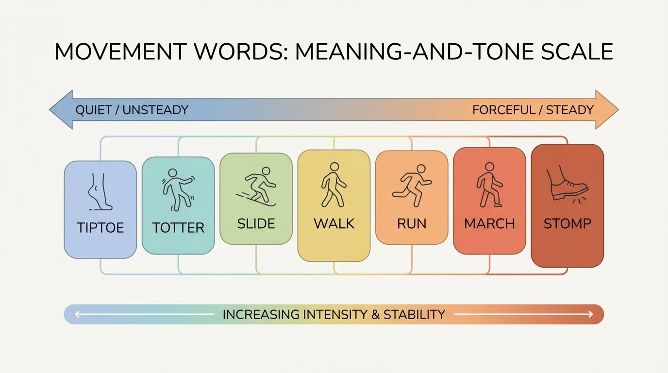 diagram showing related movement words placed on a meaning-and-tone scale from quiet to forceful or unsteady