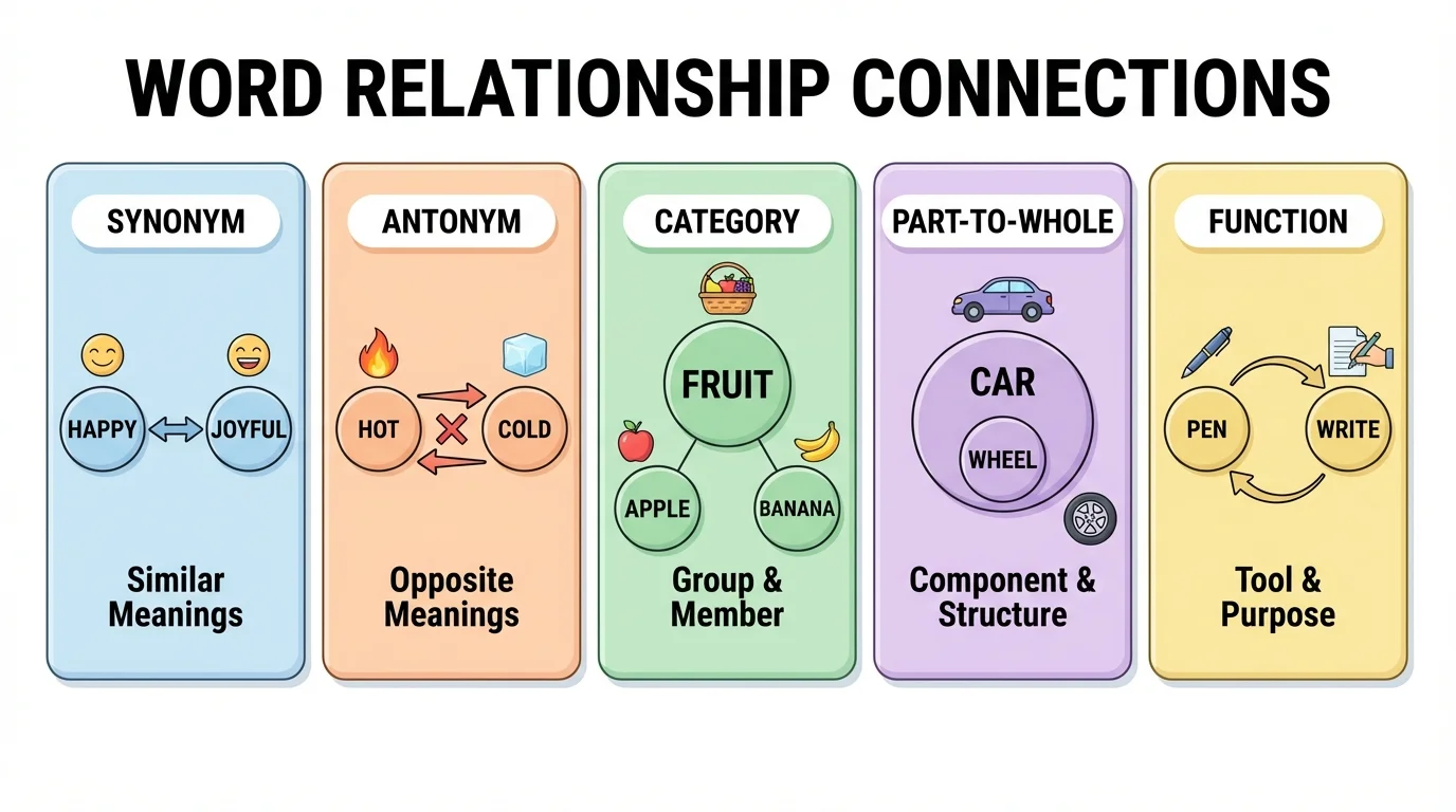 chart showing synonym, antonym, category, part-to-whole, and function relationships with sample word pairs