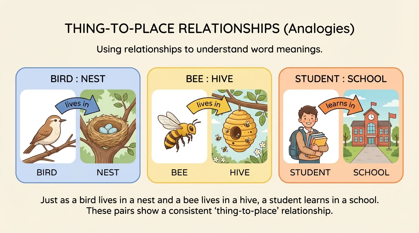 diagram linking bird:nest, bee:hive, and student:school as examples of thing-to-place relationships