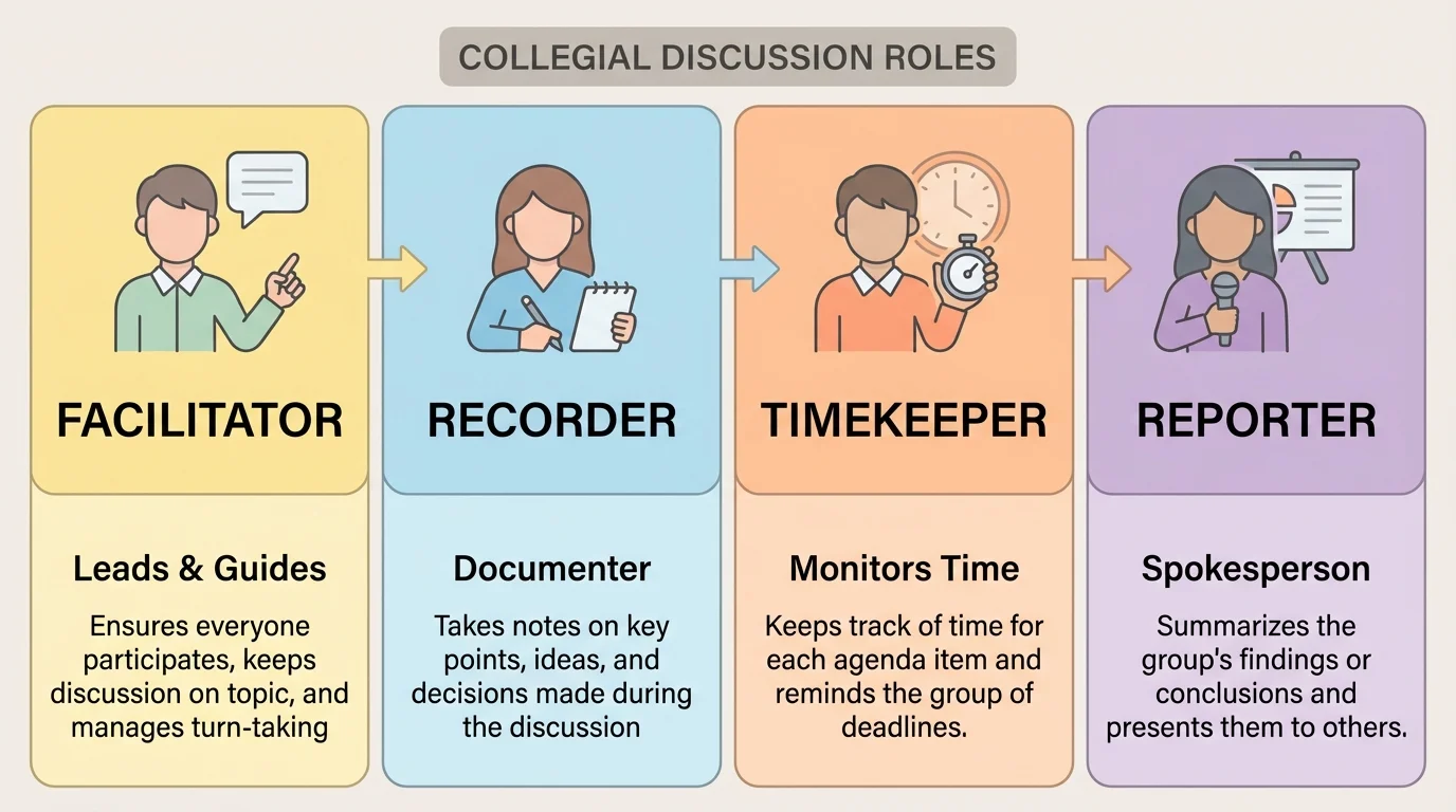 Role chart showing facilitator, recorder, timekeeper, and reporter, each with a short task label and student icon