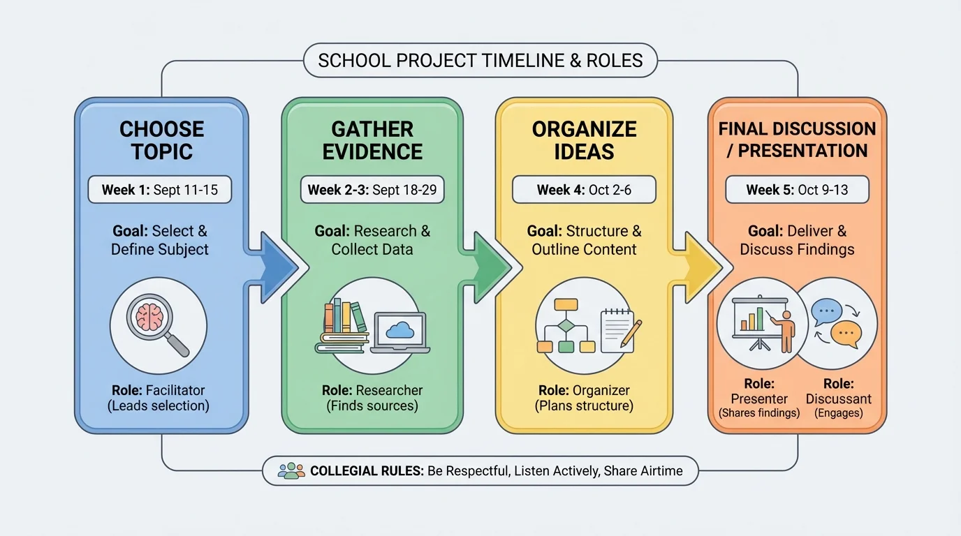 Simple school project timeline with four stages: choose topic, gather evidence, organize ideas, final discussion or presentation, each with dates