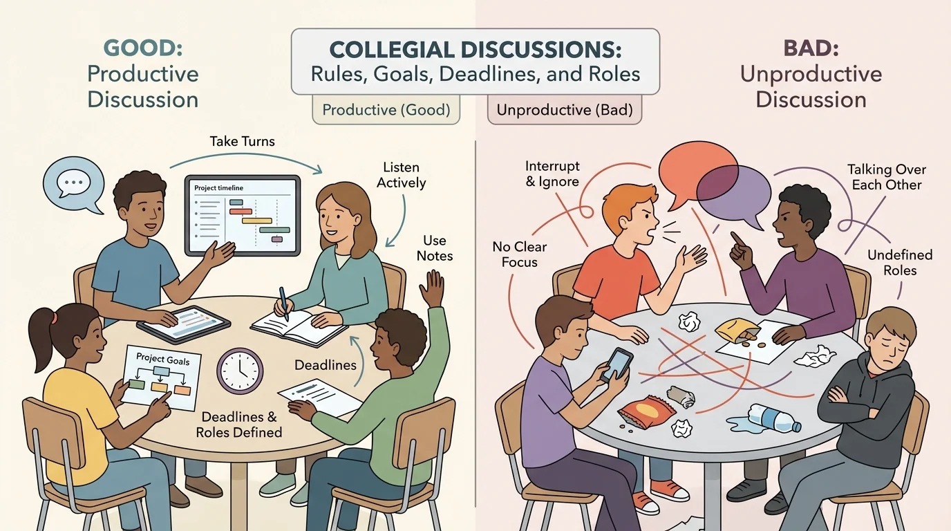 Two small student discussion groups side by side: one group taking turns, listening, and using notes; the other interrupting, looking away, and talking over each other