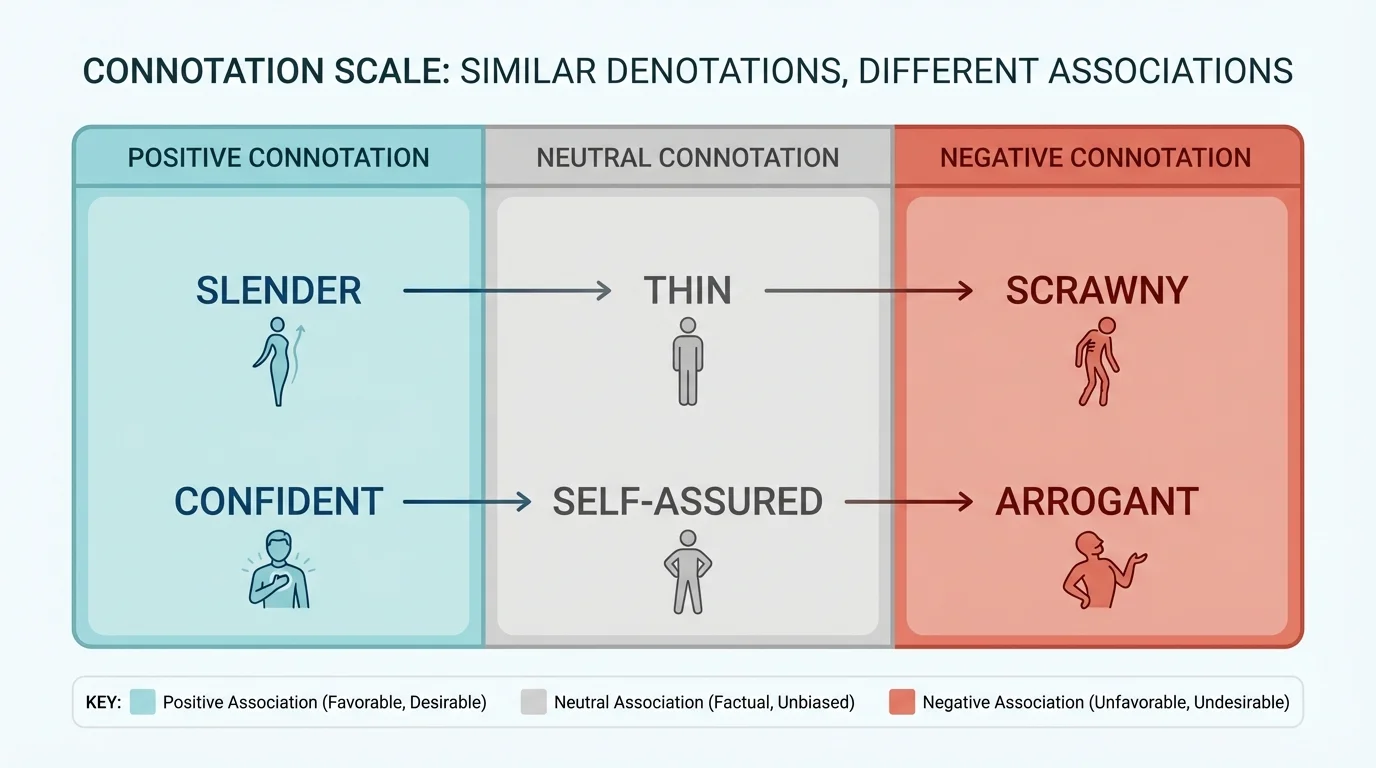 horizontal connotation scale with sample words placed from positive to neutral to negative, such as slender-thin-scrawny and confident-self-assured-arrogant