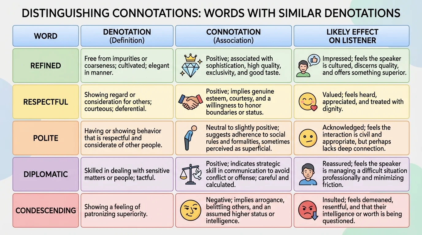 comparison chart with five words refined, respectful, polite, diplomatic, condescending, and columns for denotation, connotation, and likely effect on listener