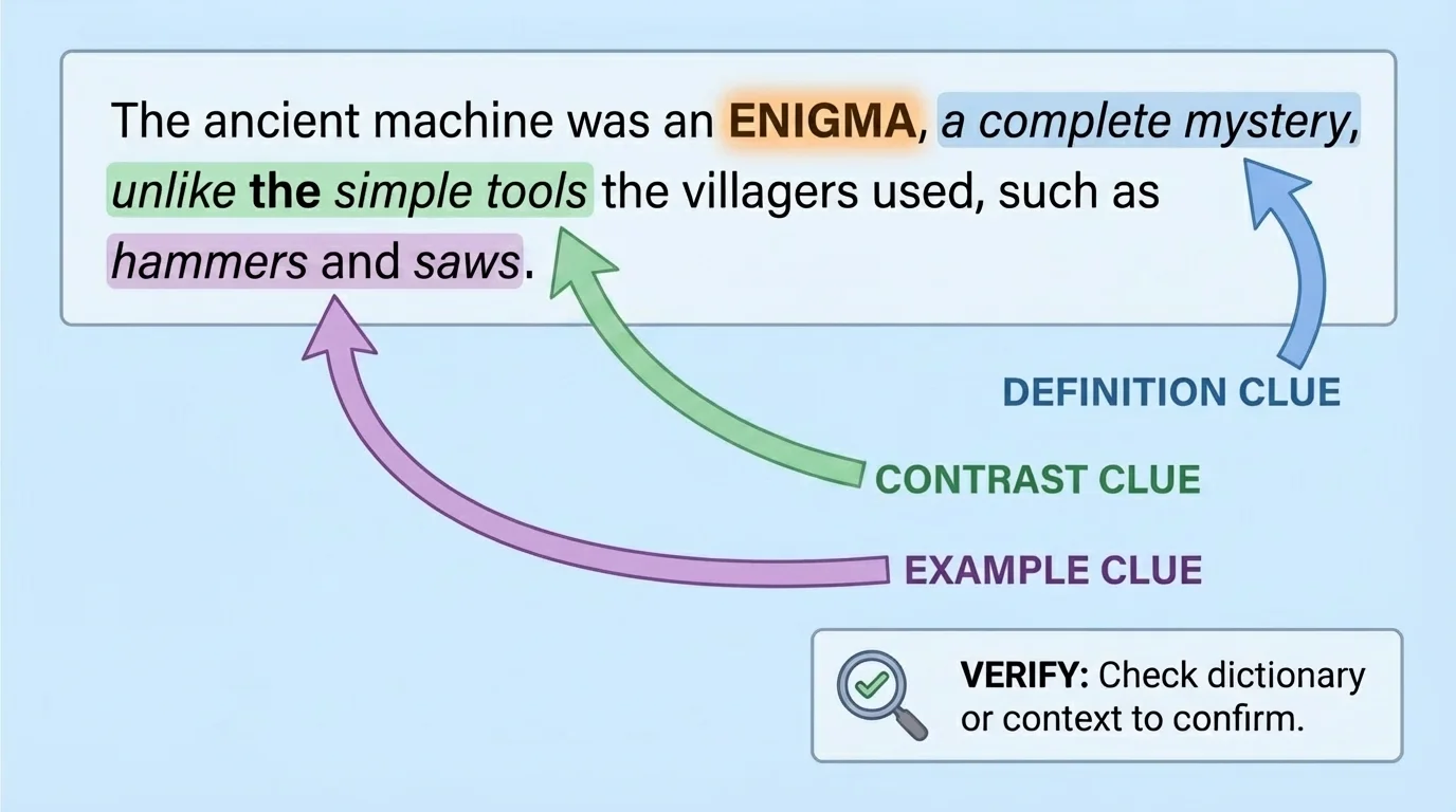 annotated sentence with a highlighted unknown word and arrows labeling nearby definition clue, contrast clue, and example clue