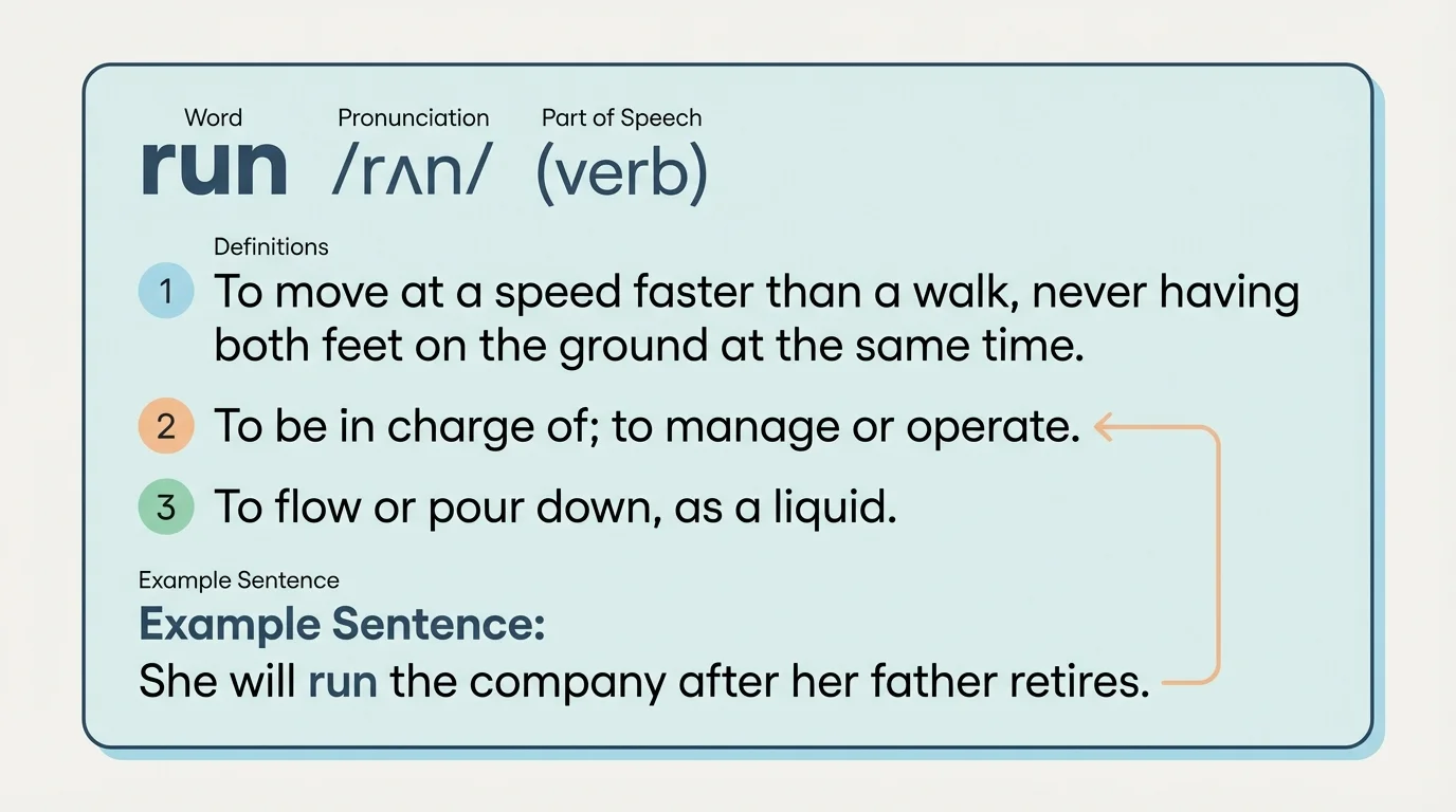 sample dictionary entry with pronunciation, part of speech, three numbered definitions, and one example sentence matched to the correct definition