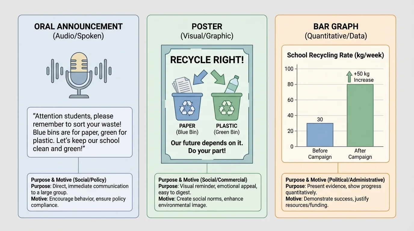 Side-by-side examples of one school recycling message presented as an oral announcement, a poster, and a bar graph