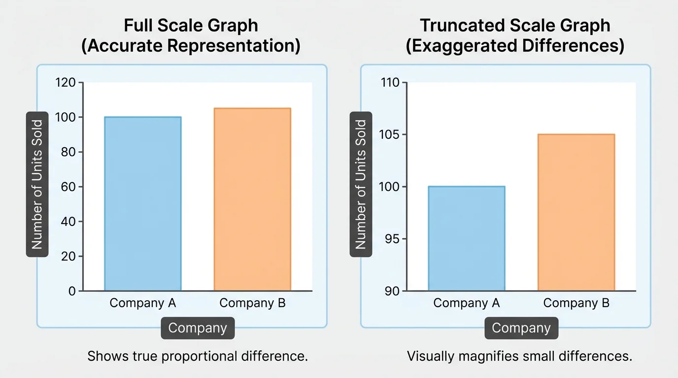 Two bar graphs of the same data, one with a full scale and one with a truncated scale that makes differences look larger