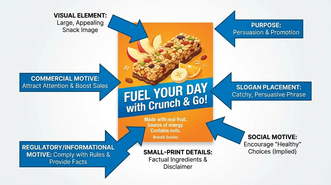 School snack poster with bold color, large image, slogan placement, and small-print details labeled