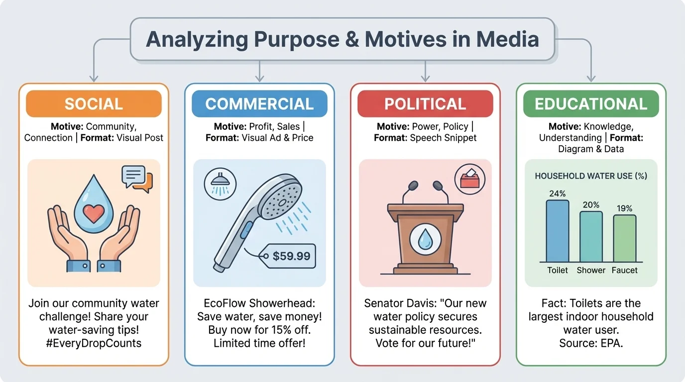 Four message cards labeled social, commercial, political, and educational, each promoting the same issue with different goals