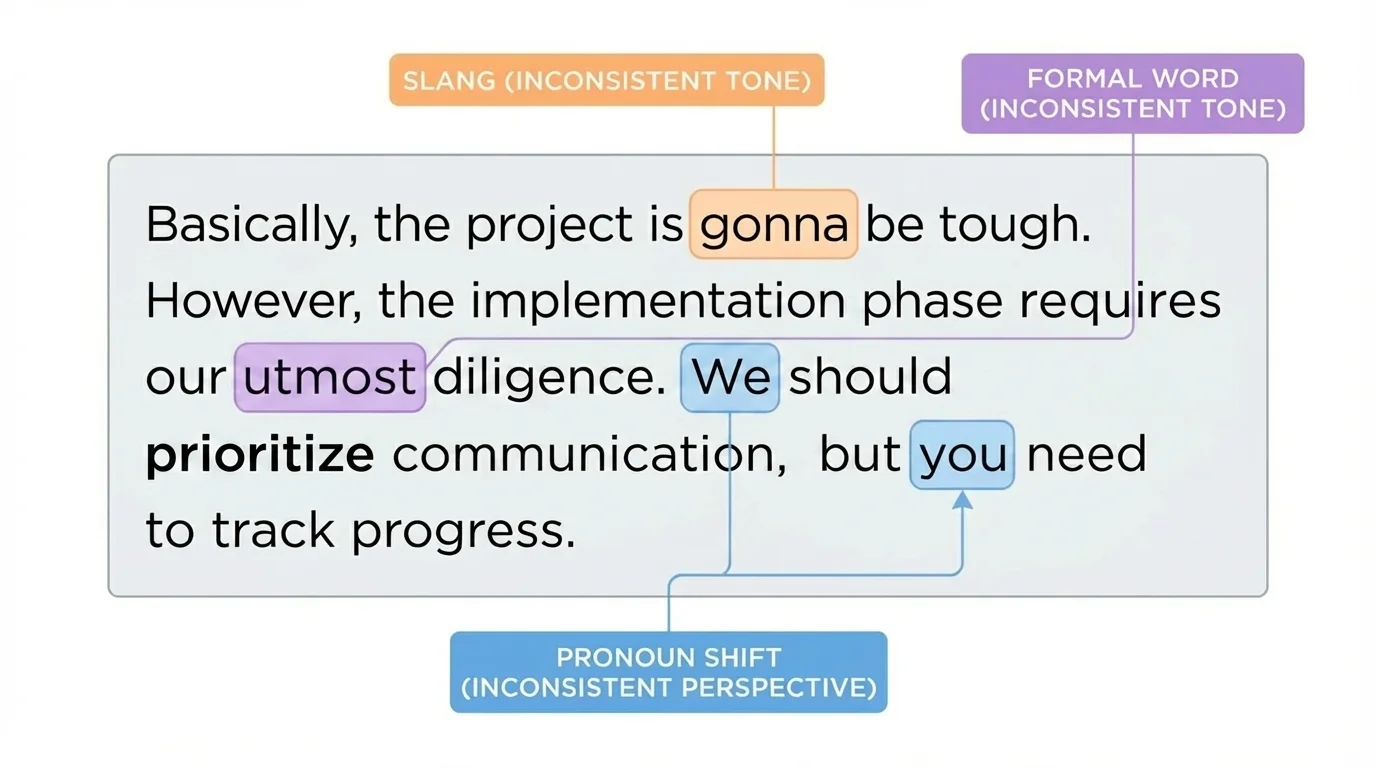 diagram of a sample paragraph with highlighted inconsistent parts such as slang, formal words, and pronoun shifts