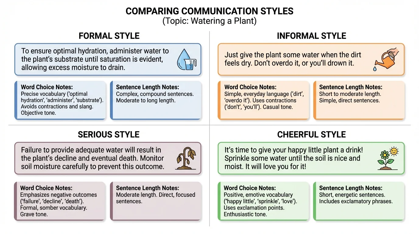 chart comparing one topic written in formal, informal, serious, and cheerful ways with notes on word choice and sentence length