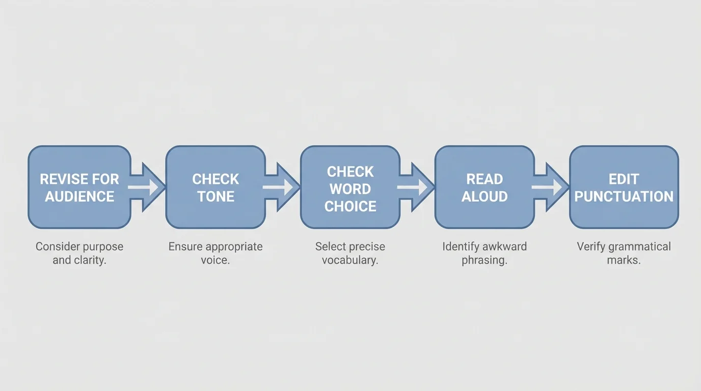 flowchart showing revise for audience, check tone, check word choice, read aloud, and edit punctuation