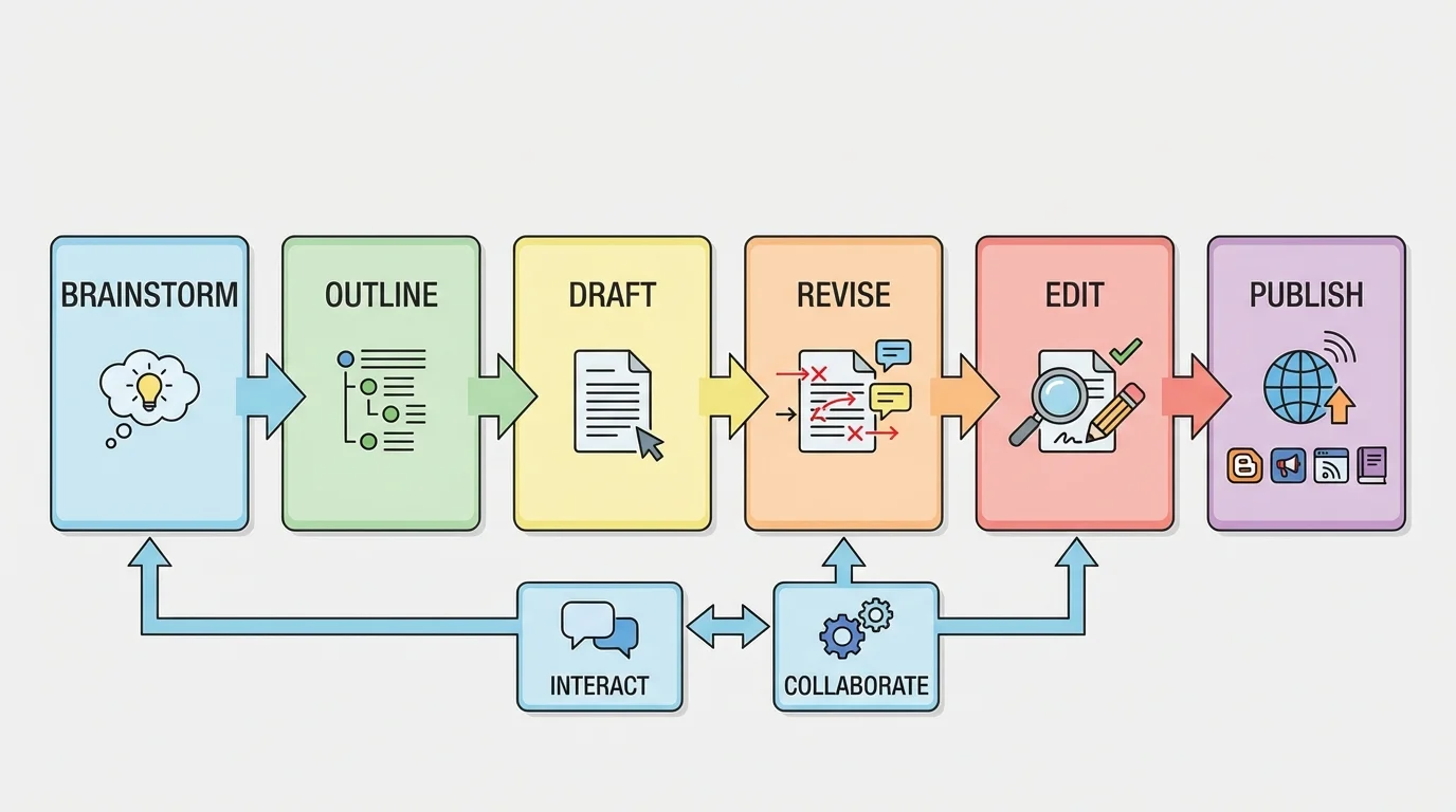 Flowchart of digital writing process with boxes labeled brainstorm, outline, draft, revise, edit, and publish connected by arrows