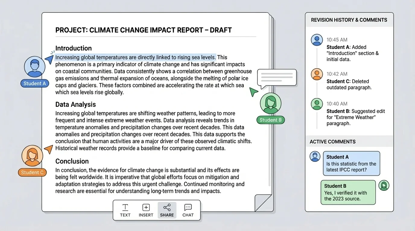 Several students working on one shared document with colored cursors, comment bubbles, suggestion marks, and a side panel showing revision history