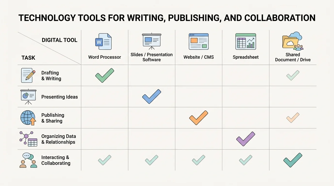 Comparison chart matching drafting, presenting, publishing, data organization, and collaboration tasks to word processor, slides, website, spreadsheet, and shared document tools
