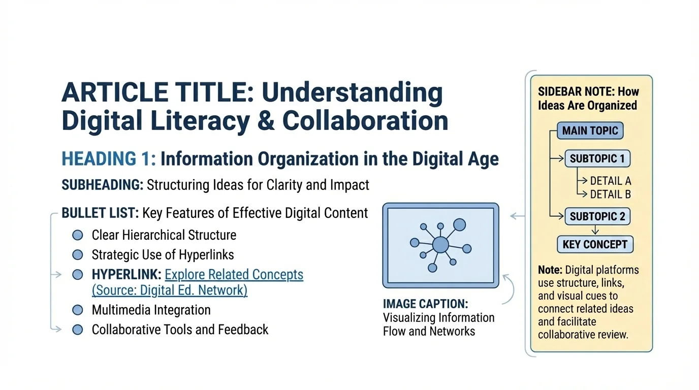 Digital article page with labeled title, heading, subheading, bullet list, hyperlink, image caption, and sidebar note showing how ideas are organized