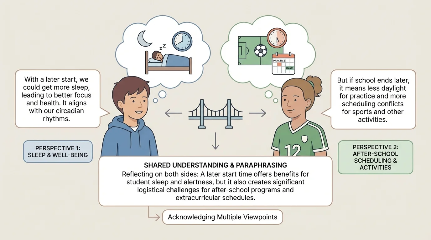Illustration of two students discussing a later school start time, with one focused on sleep and one focused on after-school sports scheduling