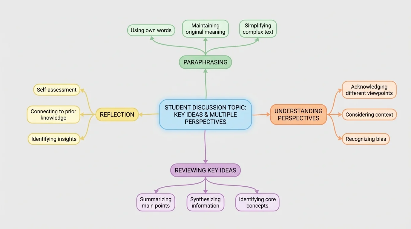 Chart showing one central idea in the middle with several supporting details branching outward from a student discussion topic