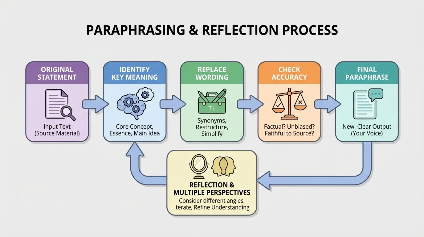 Flowchart showing original statement, identify key meaning, replace wording, check accuracy, final paraphrase