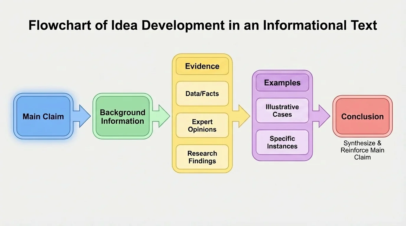 flowchart of idea development in an informational text from main claim to background information to evidence to examples to conclusion