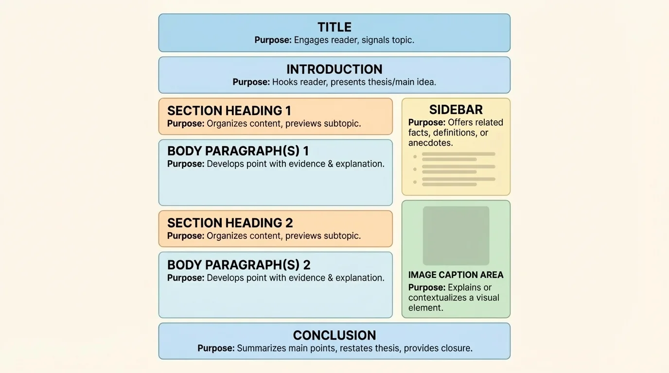 diagram of a nonfiction article page with labeled title, introduction, section headings, body paragraphs, sidebar, image caption area, and conclusion, with short notes on each part's purpose