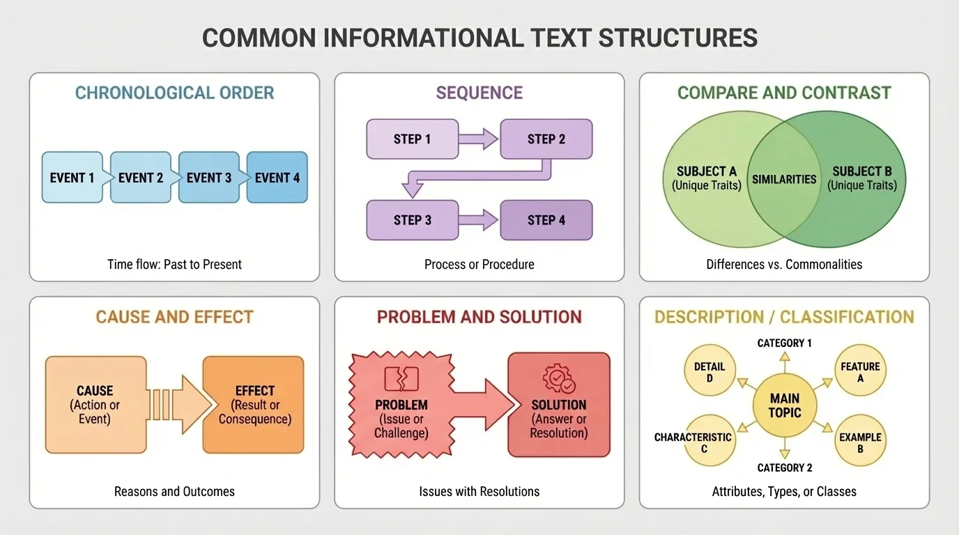 chart showing six common informational text structures with simple arrows and section layouts for chronological order, sequence, compare and contrast, cause and effect, problem and solution, and description/classification