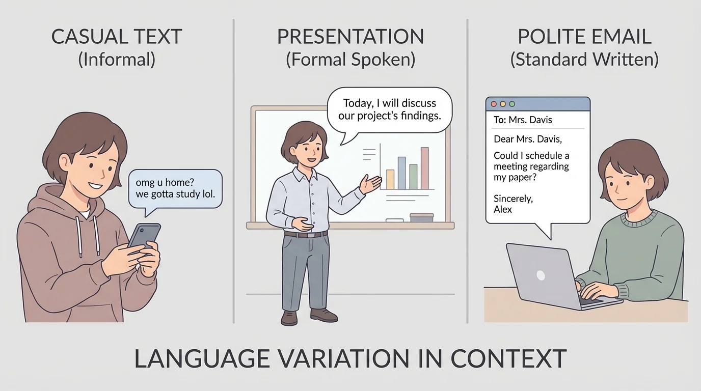 three-panel scene of the same student sending a casual text to a friend, giving a classroom presentation, and writing a polite email to a teacher, with each panel showing a different language style
