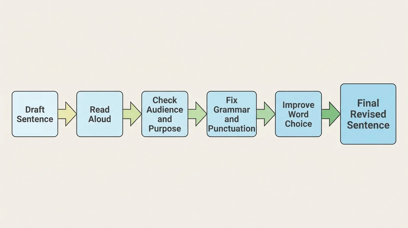 revision process flowchart with boxes labeled draft sentence, read aloud, check audience and purpose, fix grammar and punctuation, improve word choice, final revised sentence