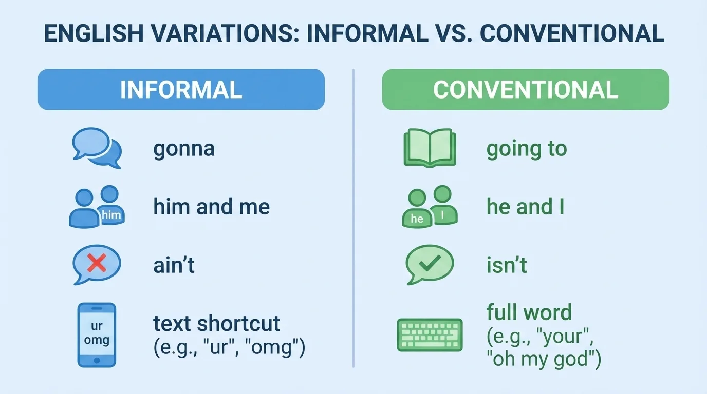 two-column comparison chart labeled informal and conventional with example pairs such as gonna and going to, me and him and he and I, ain't and isn't, text shortcut and full word