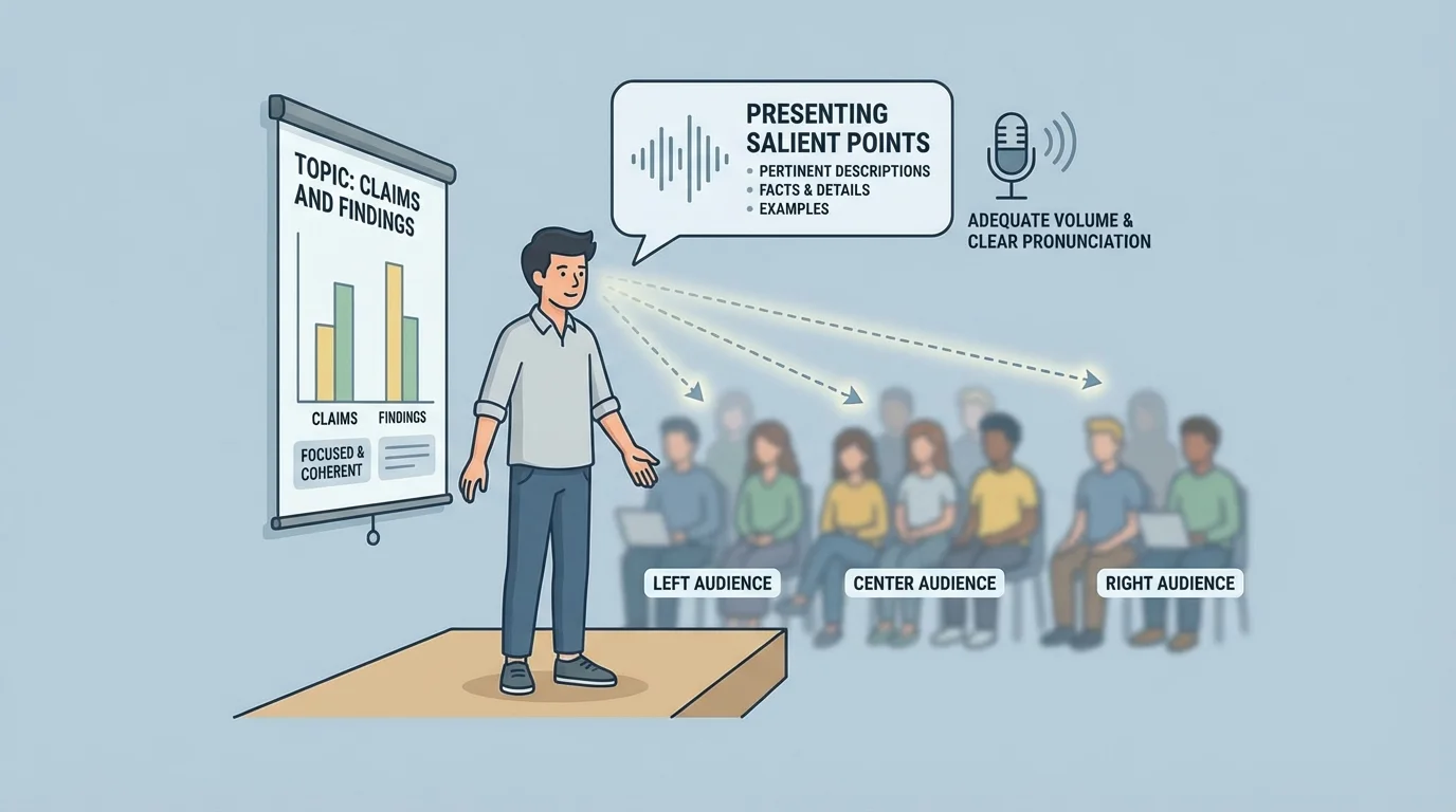 student presenter standing upright, making eye contact with left, center, and right audience sections, using open posture and speaking clearly