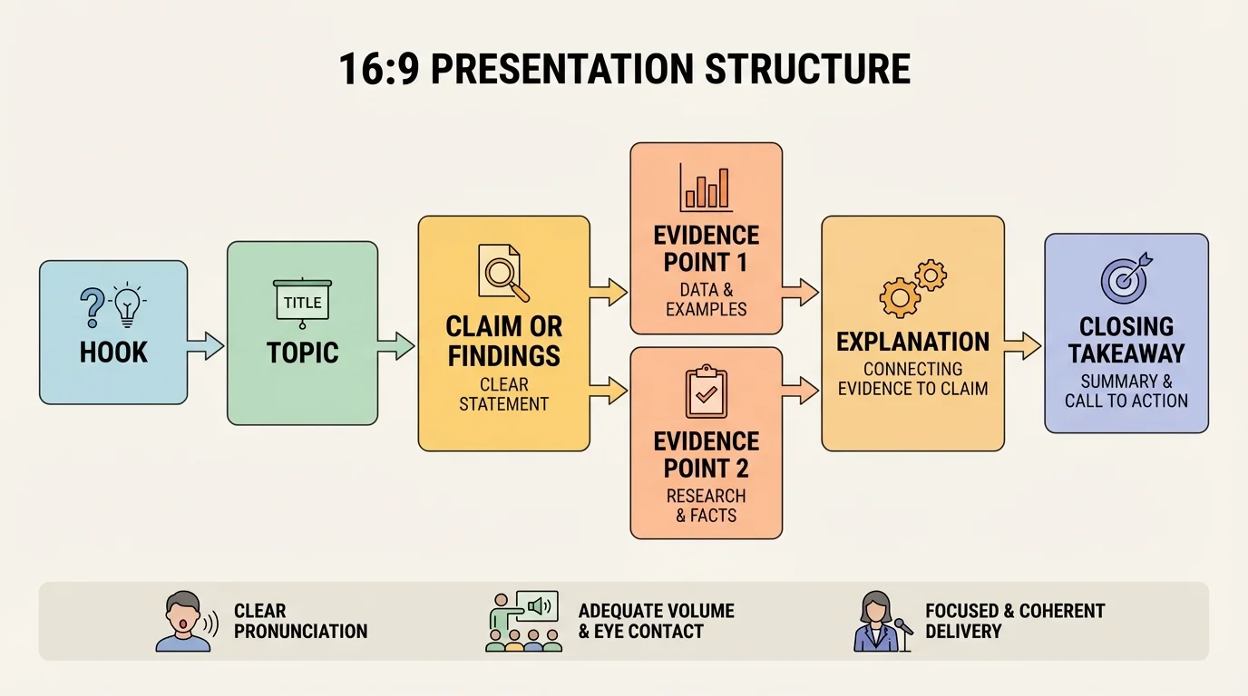 presentation structure with boxes labeled hook, topic, claim or findings, evidence point 1, evidence point 2, explanation, and closing takeaway connected by arrows