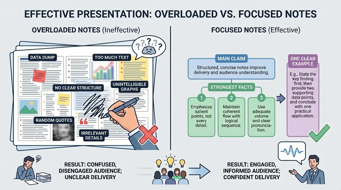 side-by-side comparison of overloaded presentation notes versus focused notes, highlighting main claim, three strongest facts, and one clear example